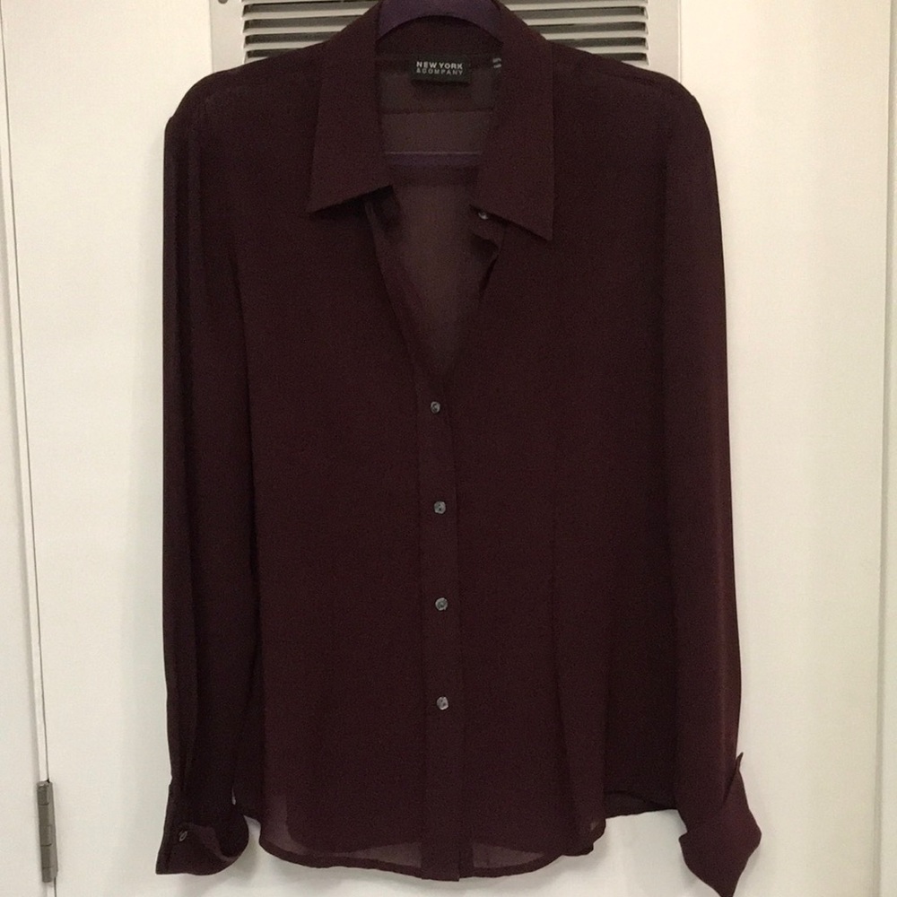 New York & Company Burgundy Button Down Blouse Size: Large